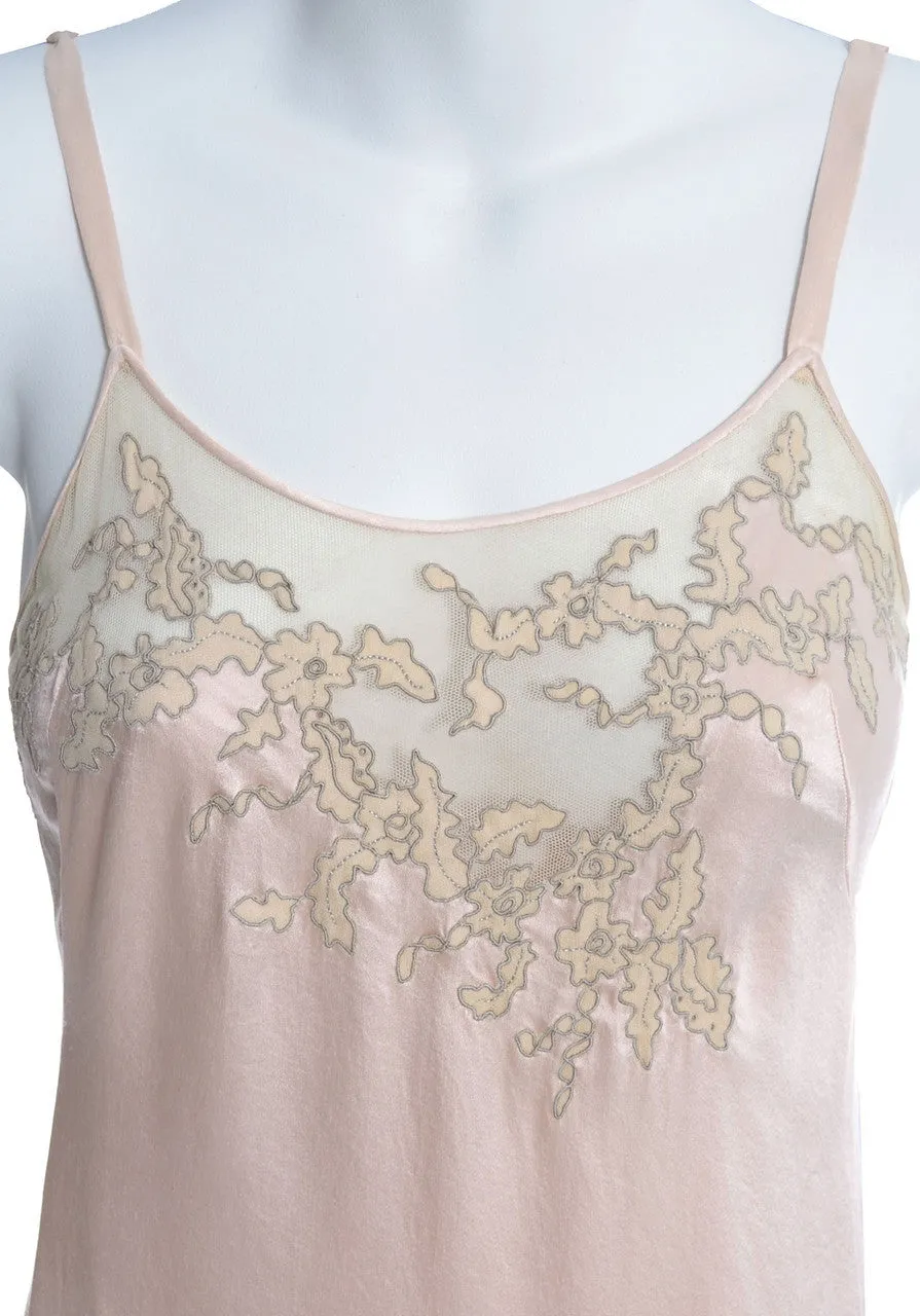 1930's Pink Silk Vintage Nightgown or Slip Lace Net Applique