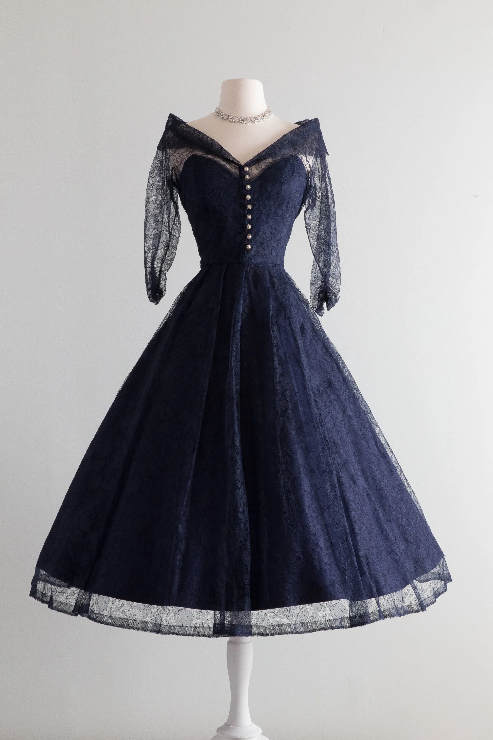 1950's Classic Midnight Blue New Look Era Lace Cocktail Dress / Waist 26