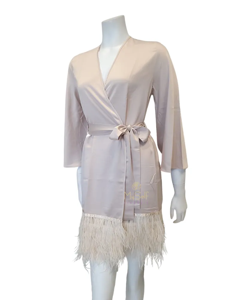 394 Champagne Feathers Satin Kimono Wrap