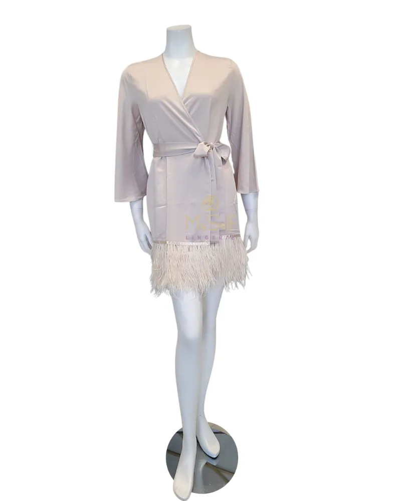 394 Champagne Feathers Satin Kimono Wrap