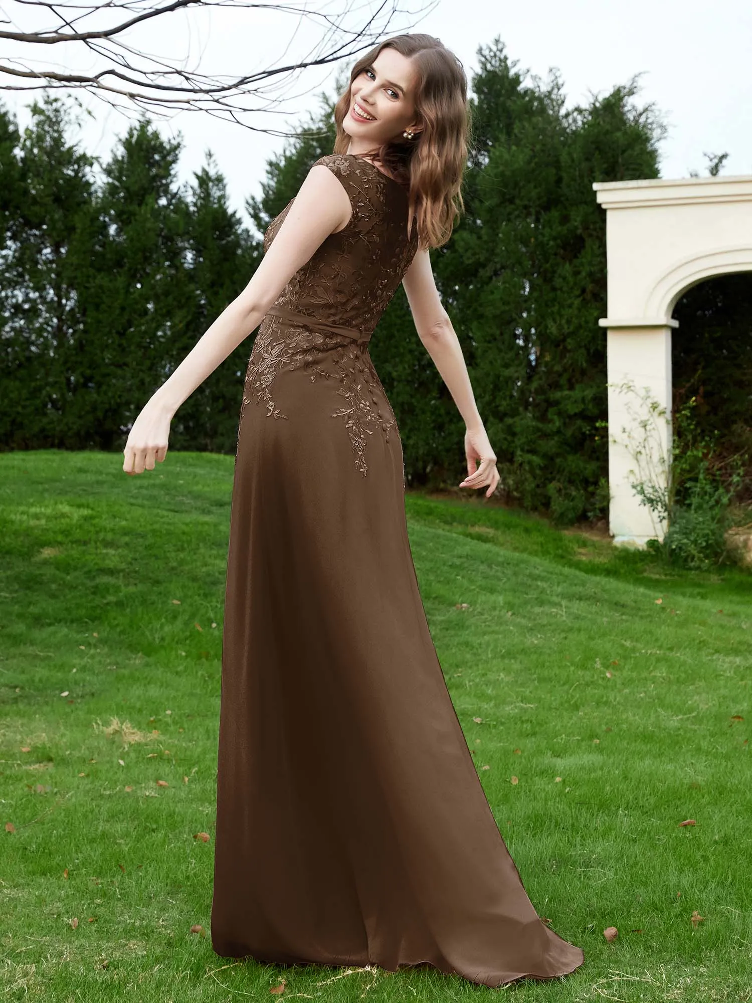 A-Line Chiffon Dress with Flower Appliqued Brown Plus Size