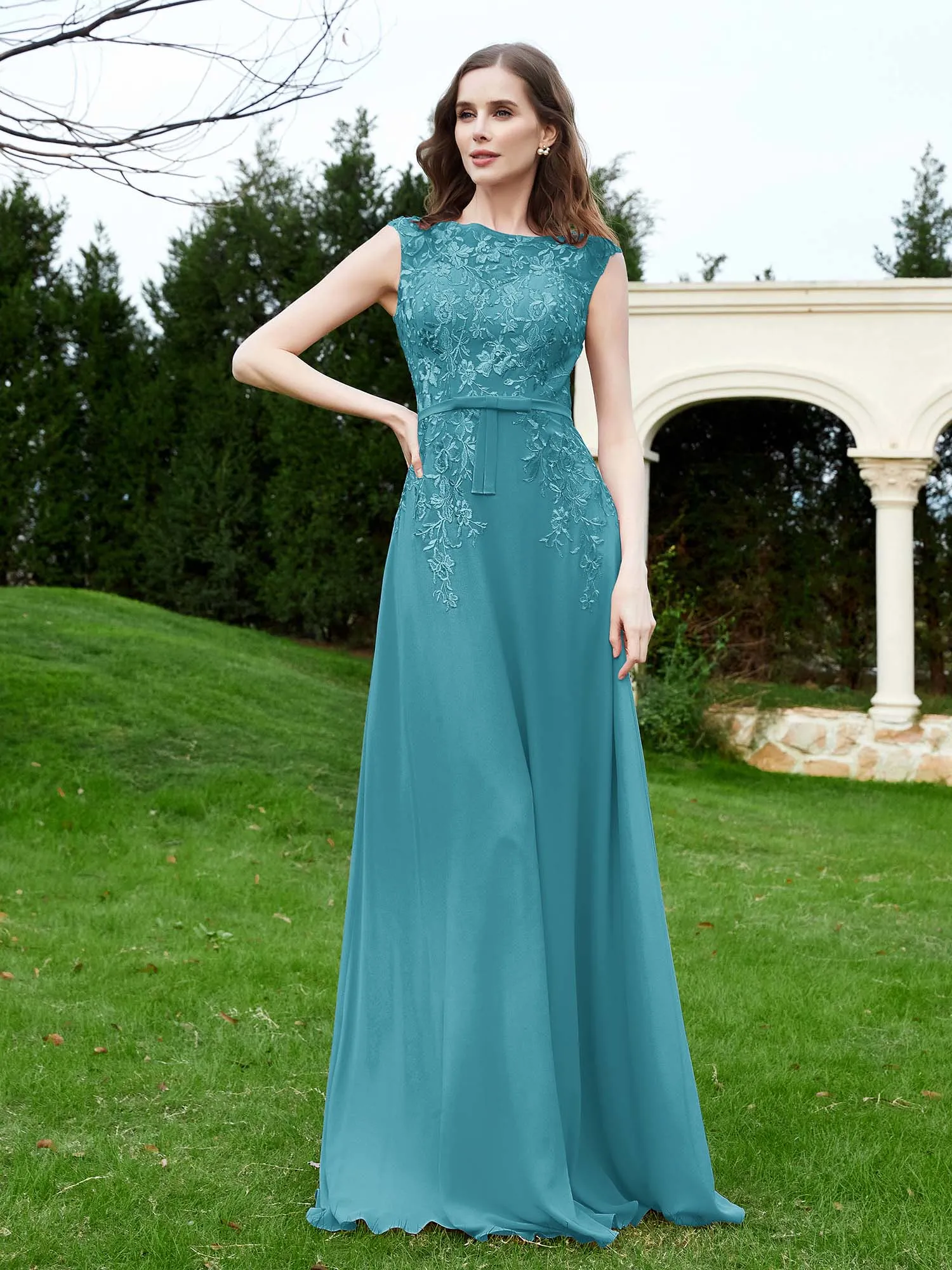 A-Line Chiffon Dress with Flower Appliqued Jade