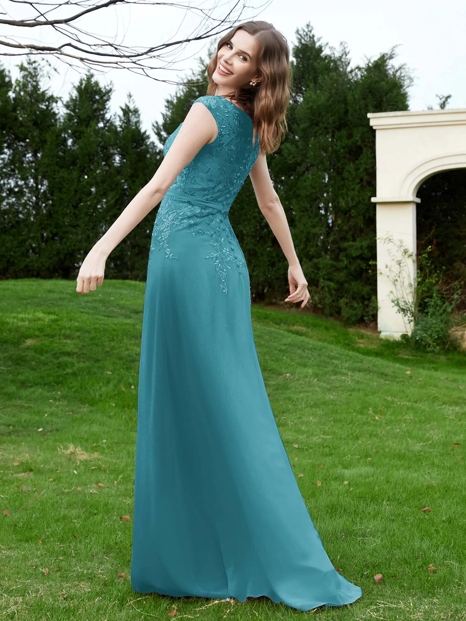 A-Line Chiffon Dress with Flower Appliqued Jade