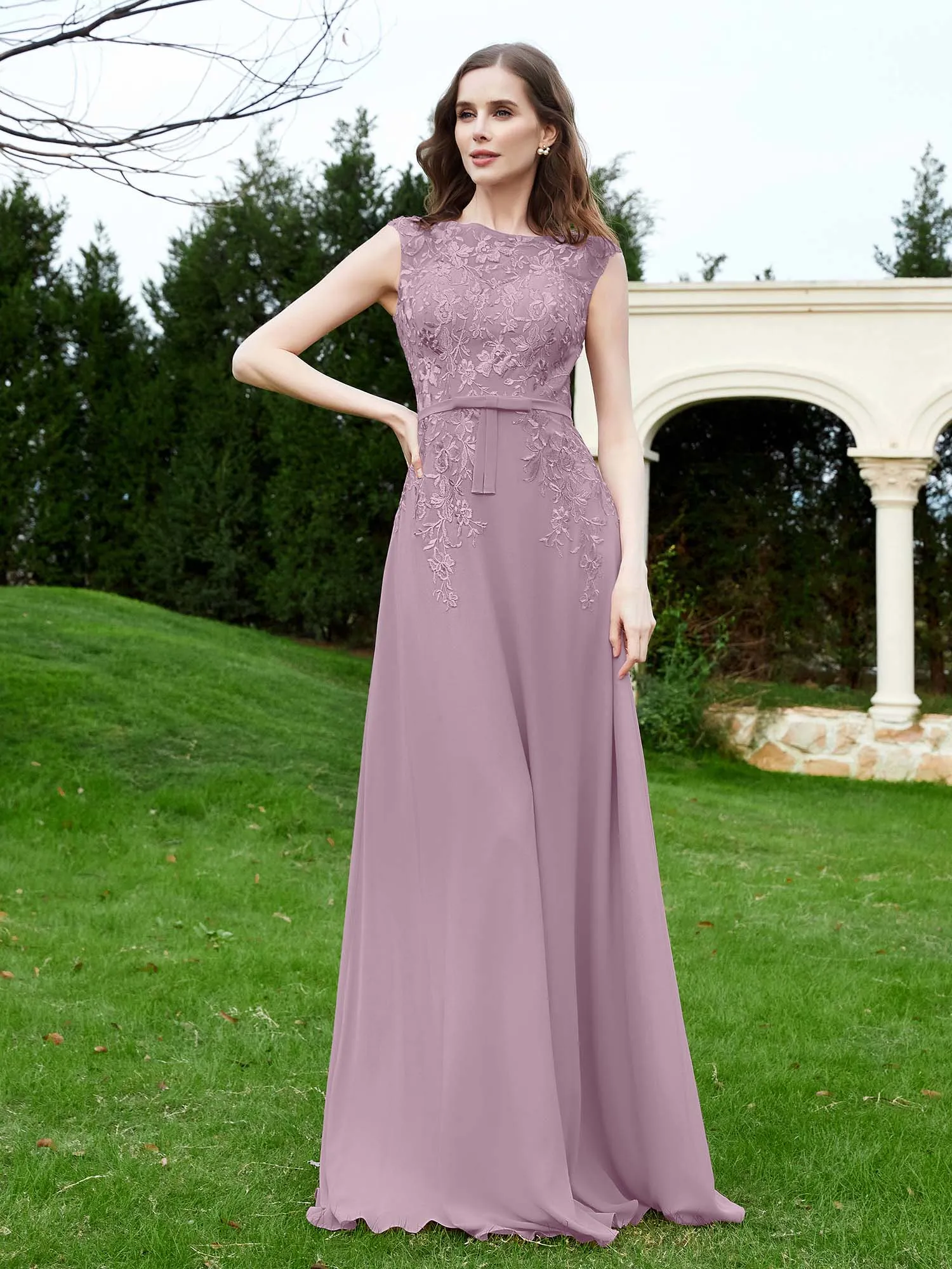 A-Line Chiffon Dress with Flower Appliqued Vintage Mauve