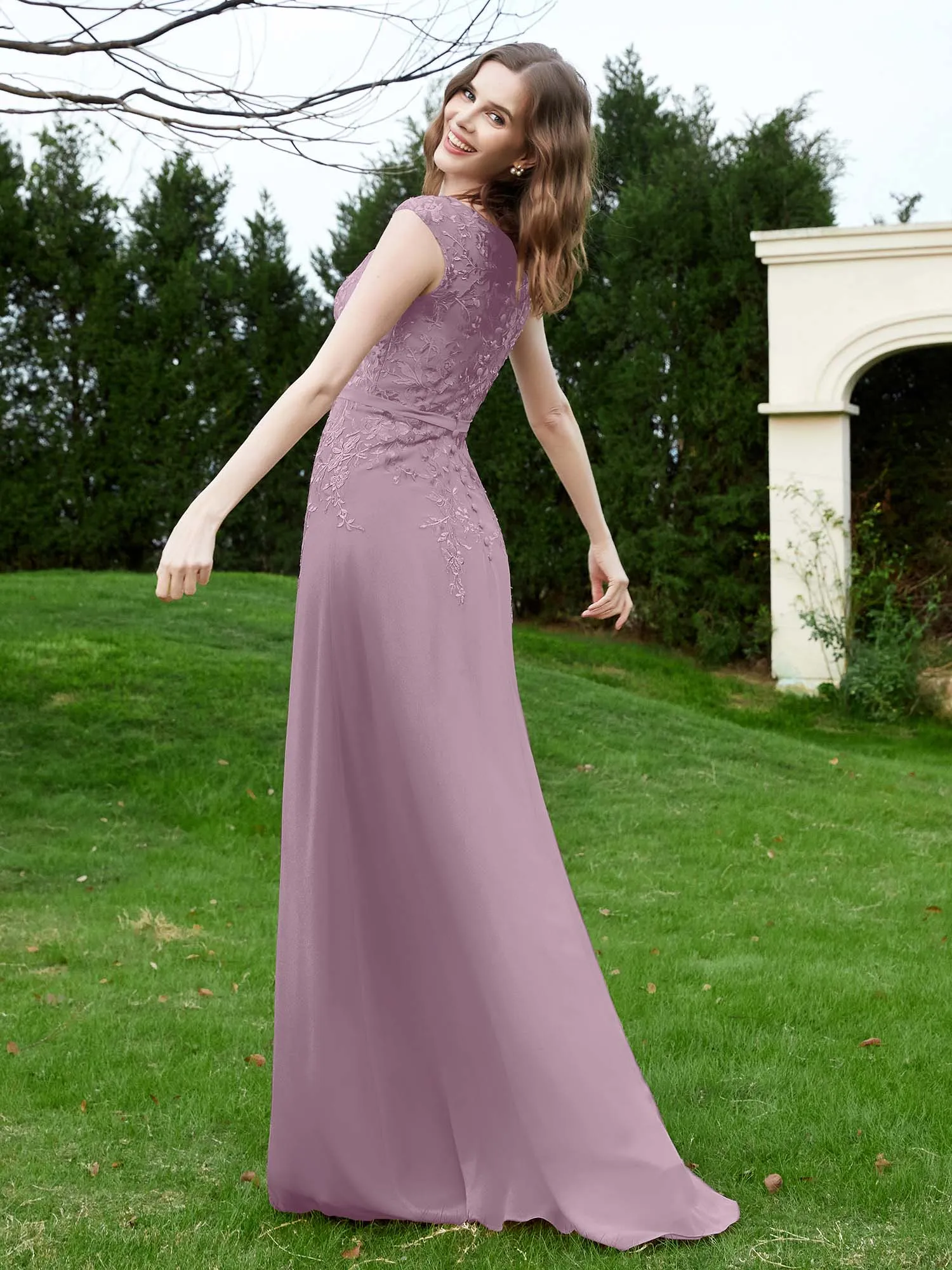 A-Line Chiffon Dress with Flower Appliqued Vintage Mauve