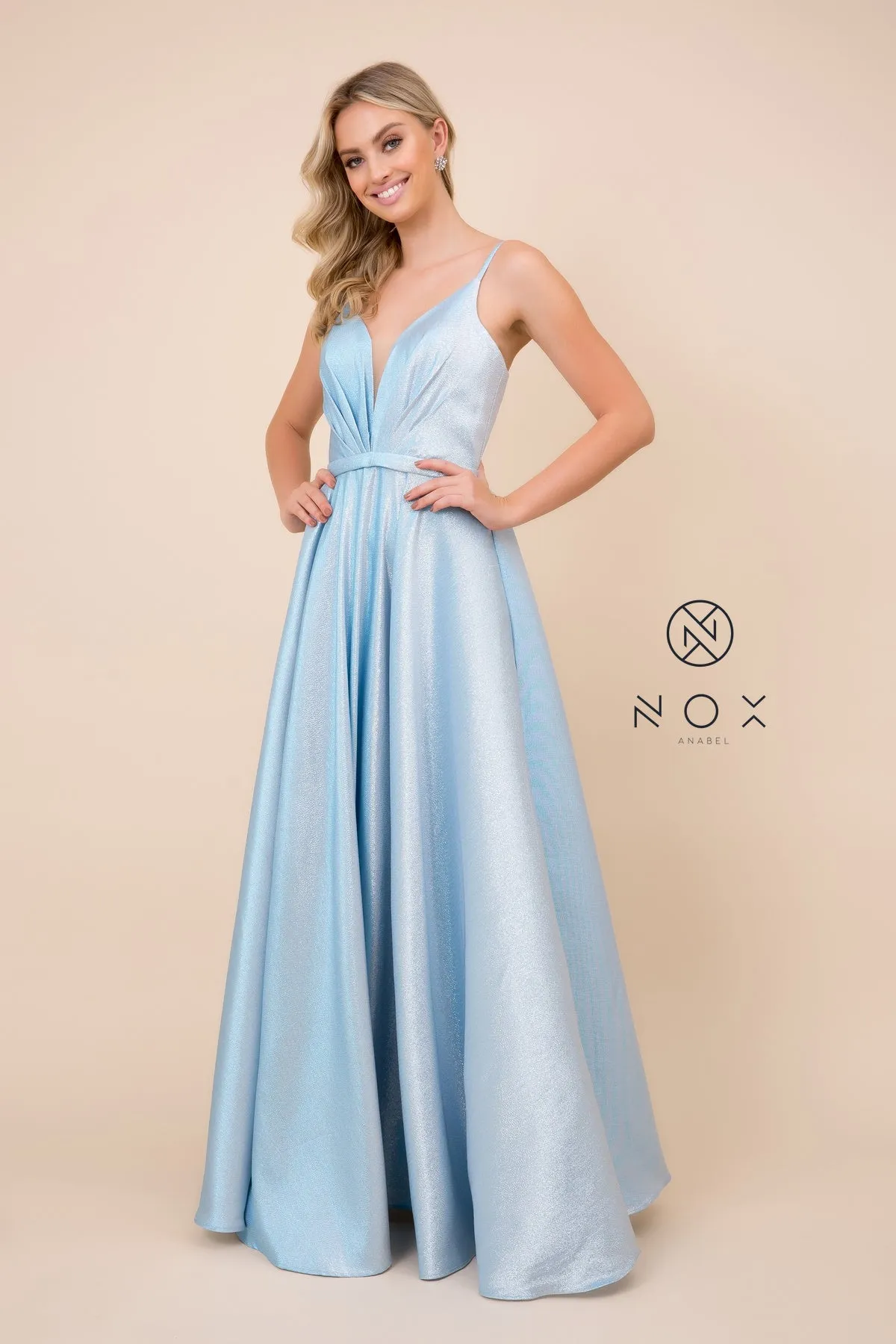 A-Line Long Prom Dress w/ Plunging Neck & Open Back