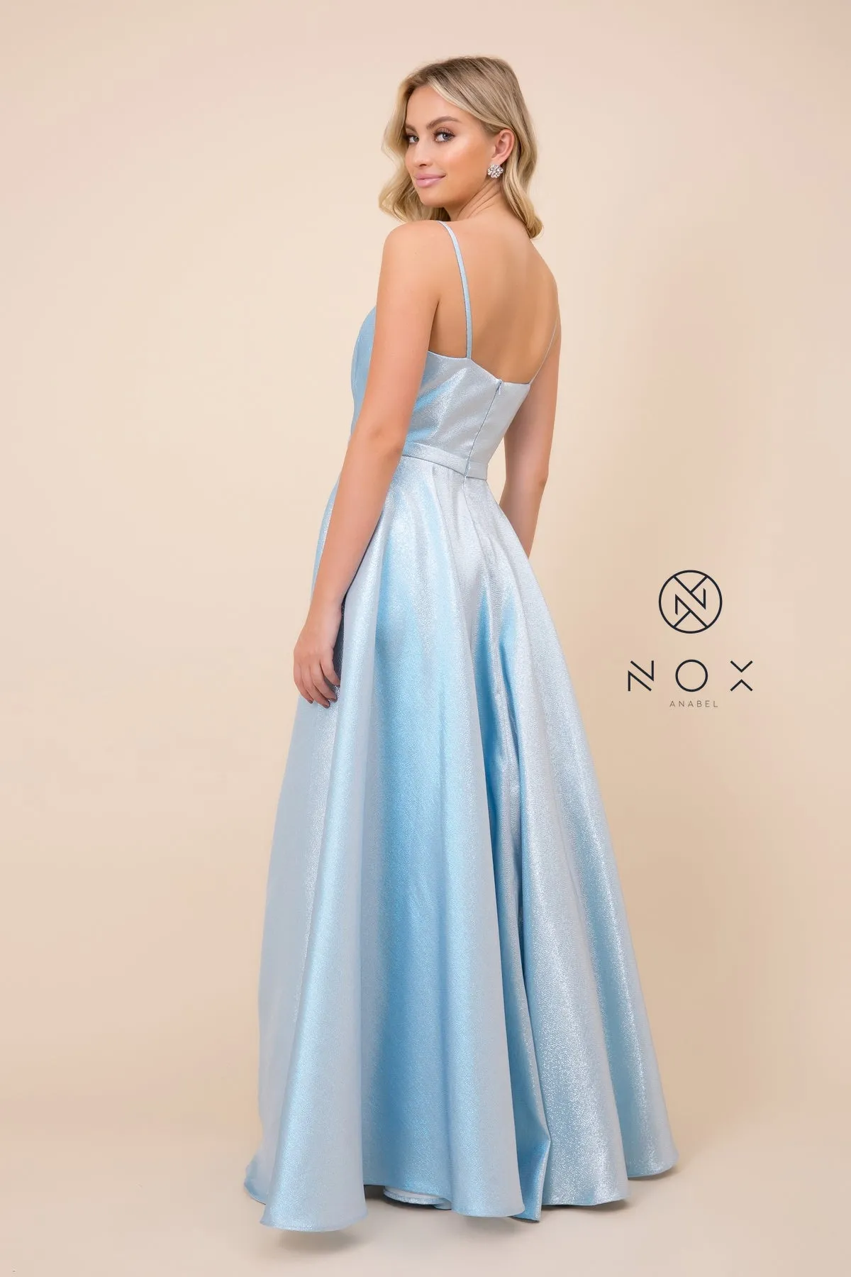 A-Line Long Prom Dress w/ Plunging Neck & Open Back