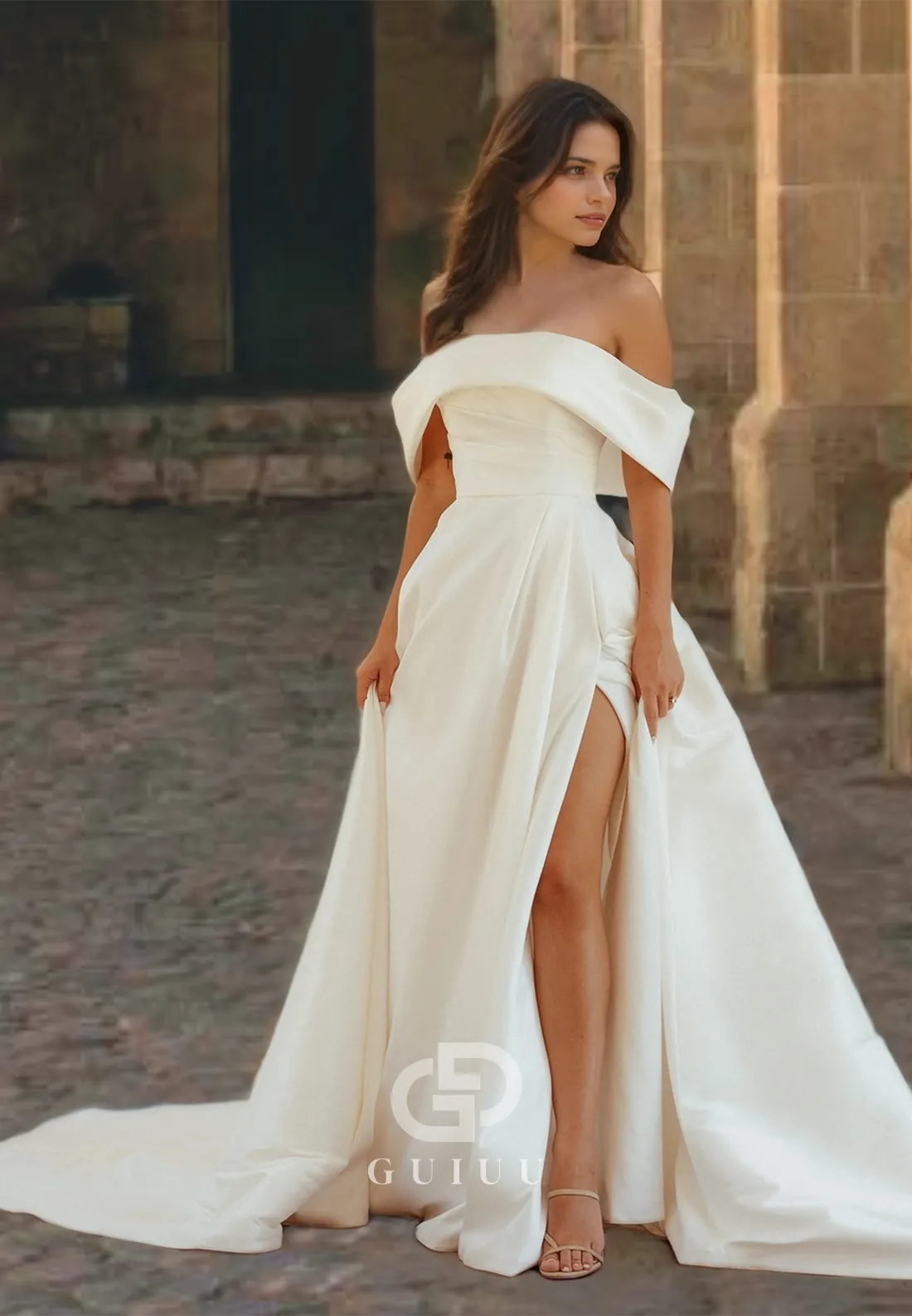 A-Line Off Shoulder Sleeveless Pleated Satin Wedding Dress with High Side Slit and Train