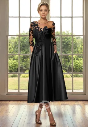 A-Line Scoop Neck 34 Length Sleeves Lace Tea Length Mother of Bride Dress