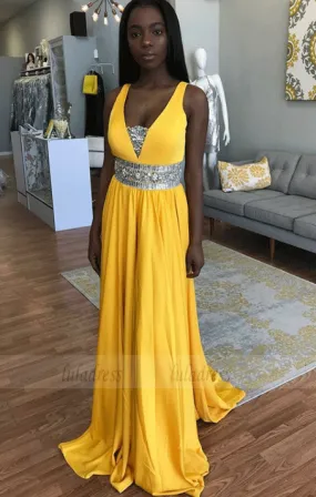 A-Line Scoop Sweep Train Yellow Satin Prom Dress with Beading