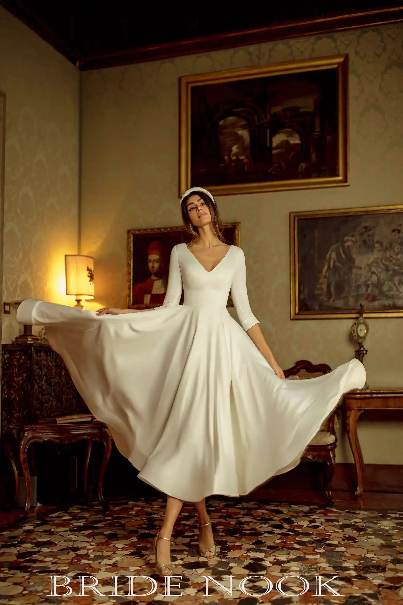 A Line Tea-length Wedding Dress With cover back Modest wedding gowns