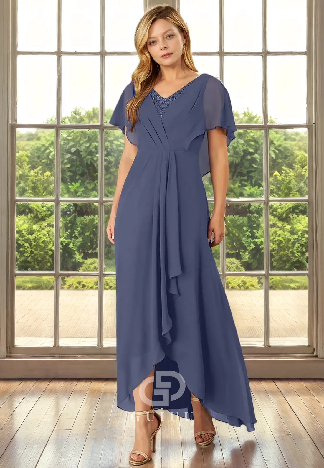 A-Line V Neck Half Sleeves Pleated Beade Back Zipper Chiffon Mother of Bride Dress