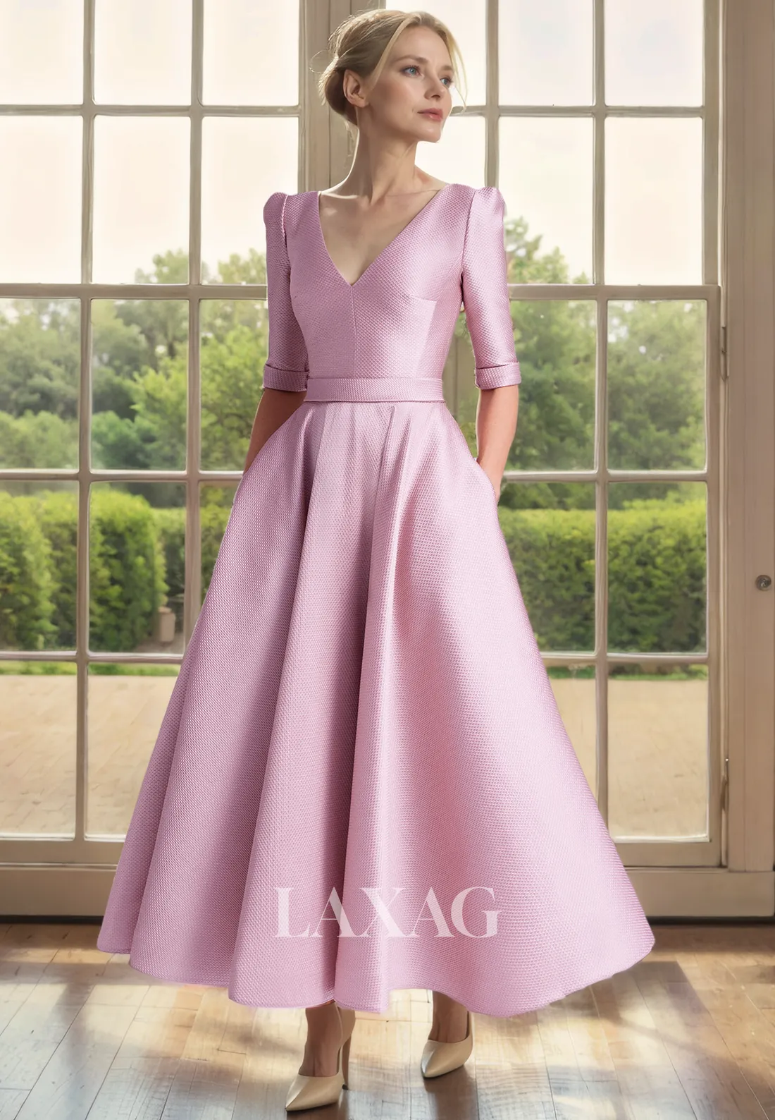 A-Line V-Neck Half Sleeves Sleek Satin Cocktail Party Formal Evening Dress