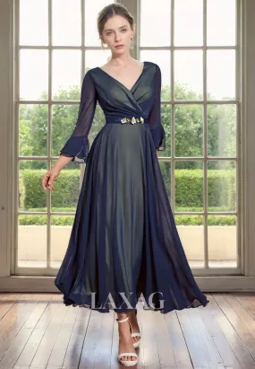 A-Line V-Neck Long Sleeves Beaded Tulle Sleek Satin Mother of the Bride Dress