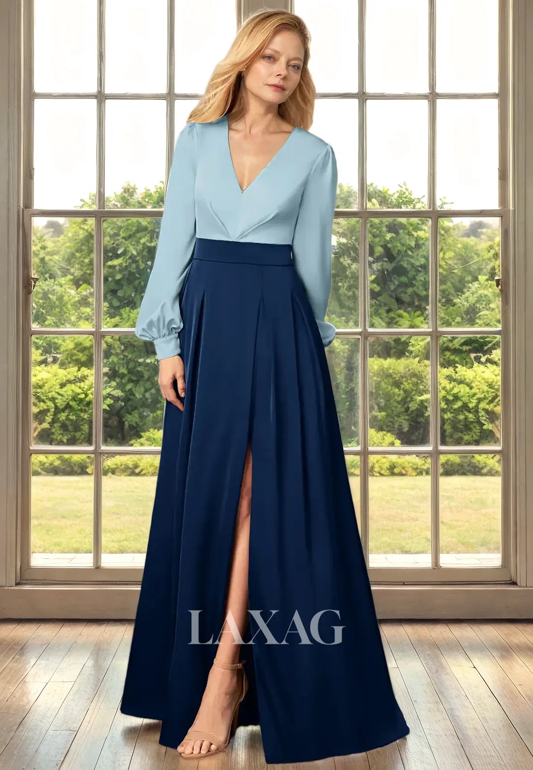 A-Line V-Neck Long Sleeves Sleek Satin Mother of the Bride Dress with Slit