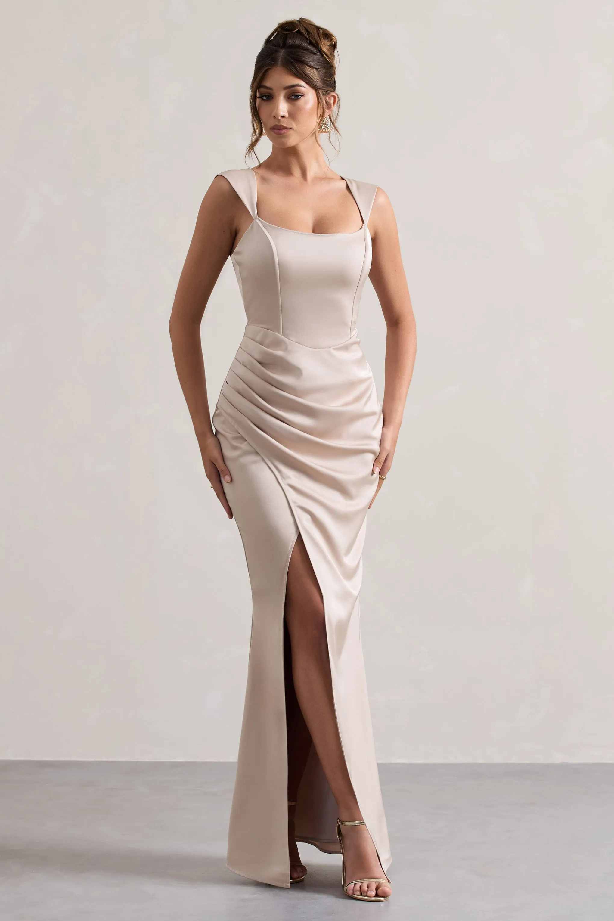 A Romantic | Champagne Satin Corset Wrap Maxi Dress