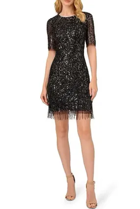 Adrianna Papell crew neck sequin sheath short sleeves dress