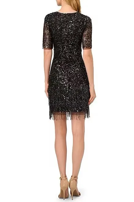 Adrianna Papell crew neck sequin sheath short sleeves dress