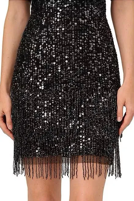 Adrianna Papell crew neck sequin sheath short sleeves dress