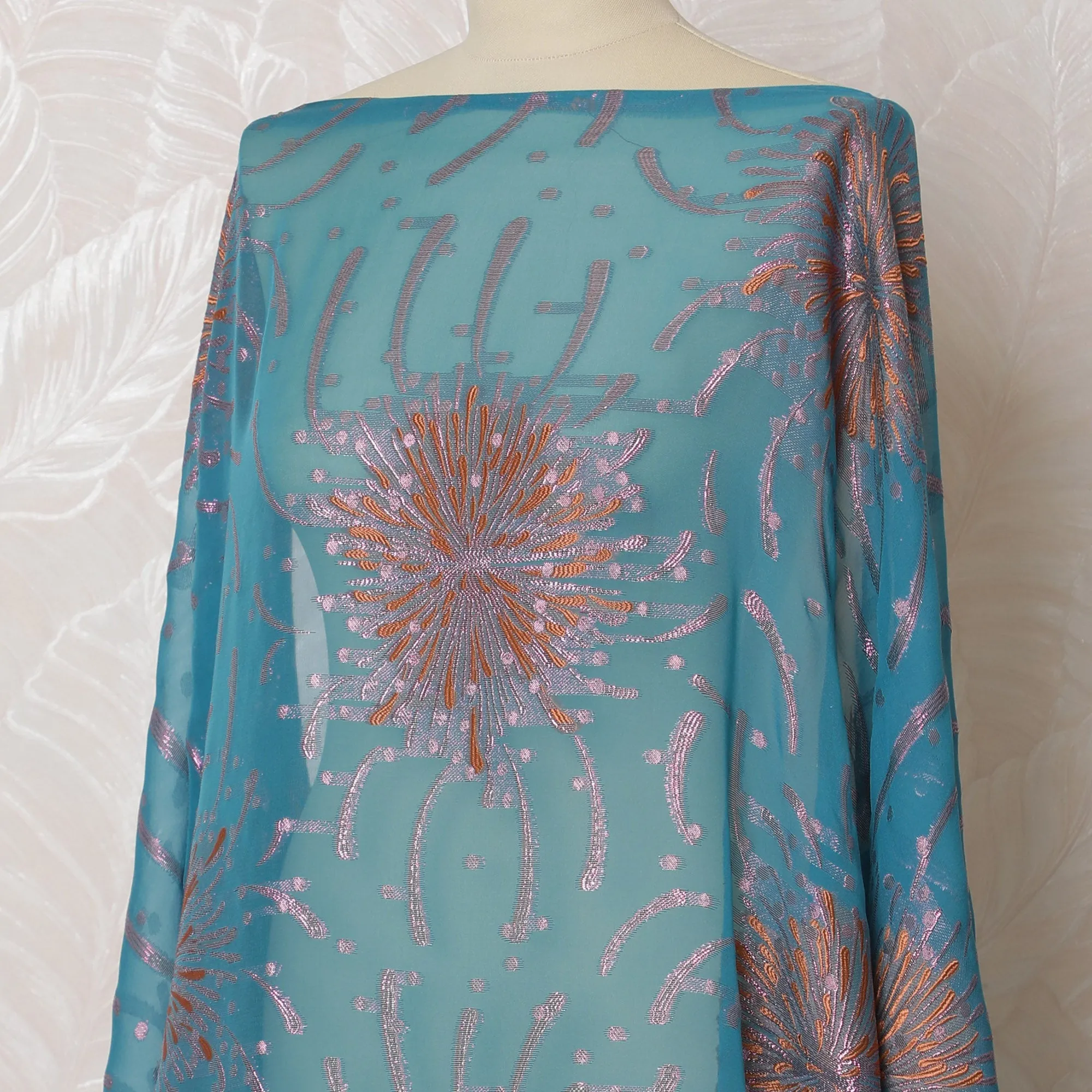 Aqua Blue French Silk Chiffon Fabric with Pink and Silver Embroidery, Traditional Somali Dirac - 140 cm Width, 3.5 Meters-D20149