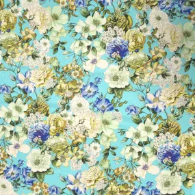 Aqua with Multicolored Florals Jacquard Printed Silk Charmeuse Fabric