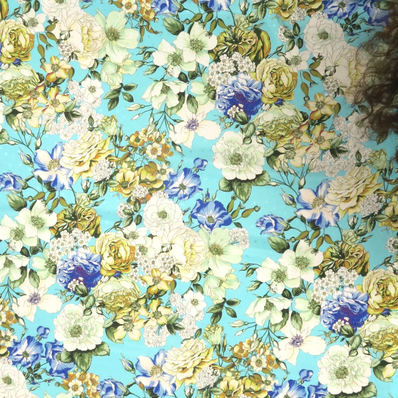 Aqua with Multicolored Florals Jacquard Printed Silk Charmeuse Fabric