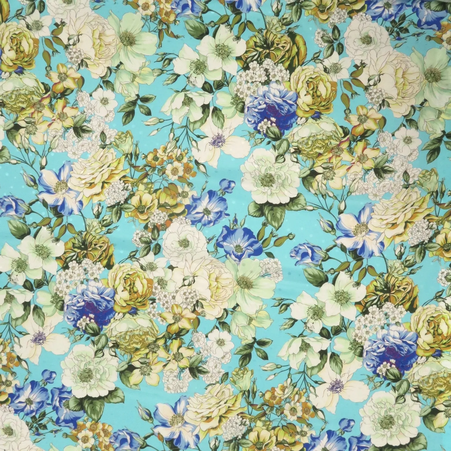 Aqua with Multicolored Florals Jacquard Printed Silk Charmeuse Fabric