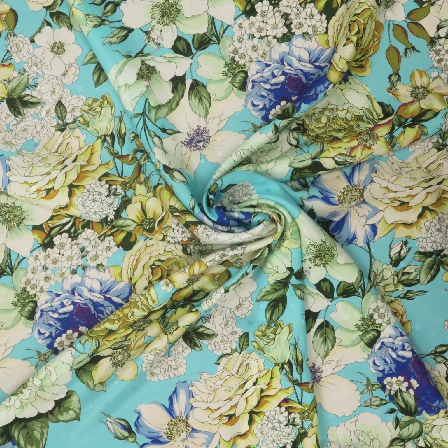 Aqua with Multicolored Florals Jacquard Printed Silk Charmeuse Fabric