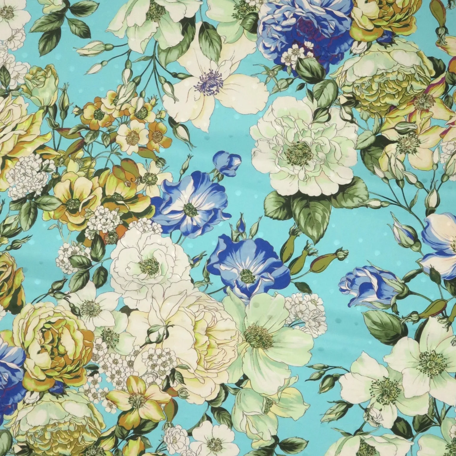 Aqua with Multicolored Florals Jacquard Printed Silk Charmeuse Fabric