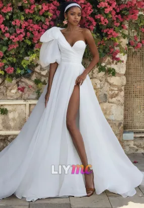 Asymmetrical Sleeves Pleated A-Line Wedding Dress