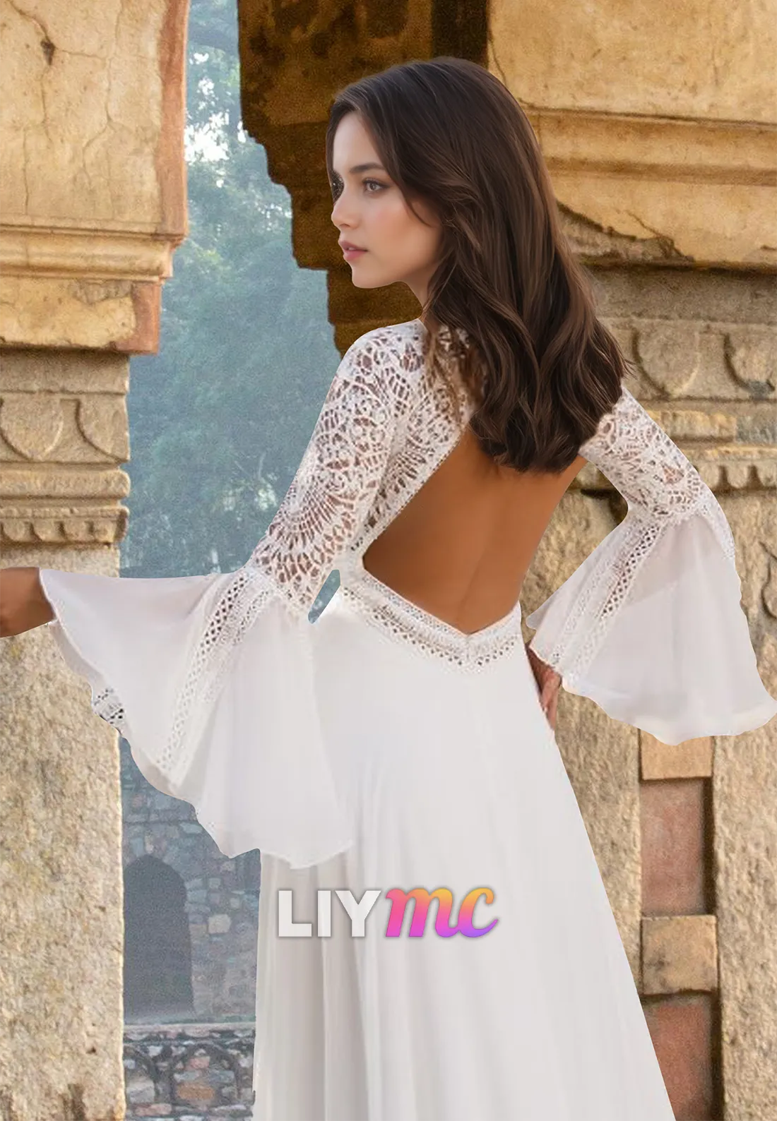 Bateau Long Sleevees Appliques Chiffon Boho A-Line Wedding Dress