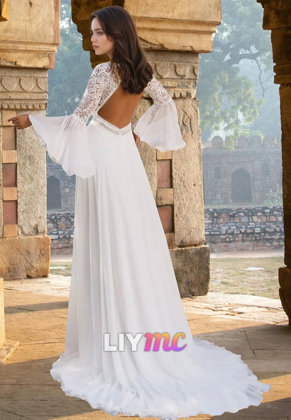 Bateau Long Sleevees Appliques Chiffon Boho A-Line Wedding Dress