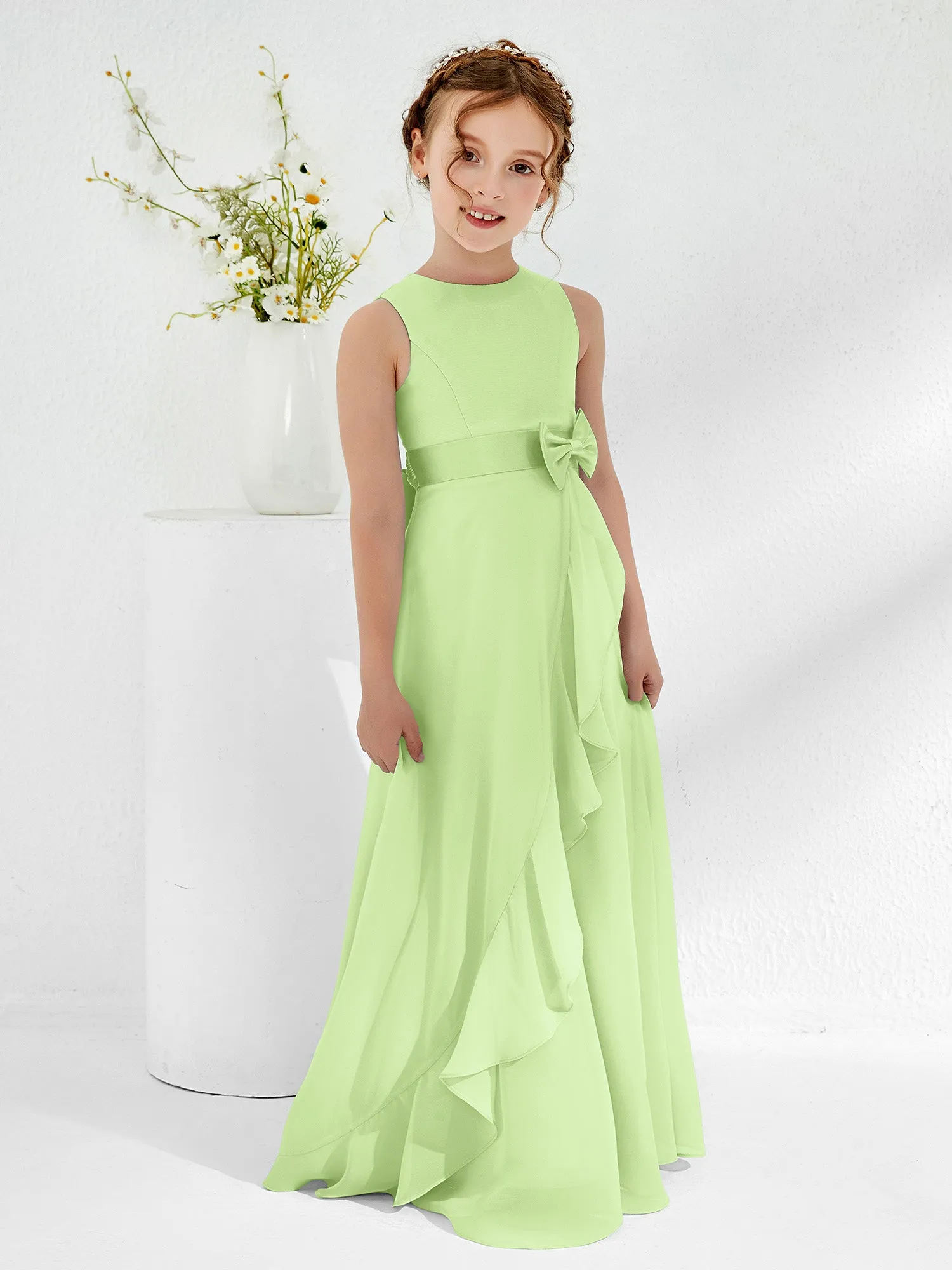 Bateau Neckline Ruffle Junior Bridesmaid Gowns Sage