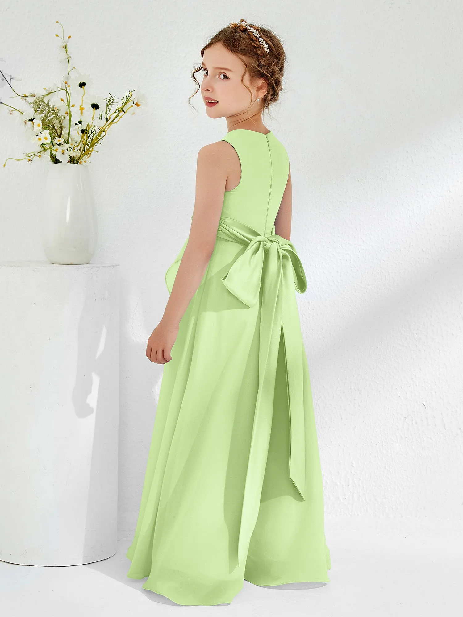 Bateau Neckline Ruffle Junior Bridesmaid Gowns Sage