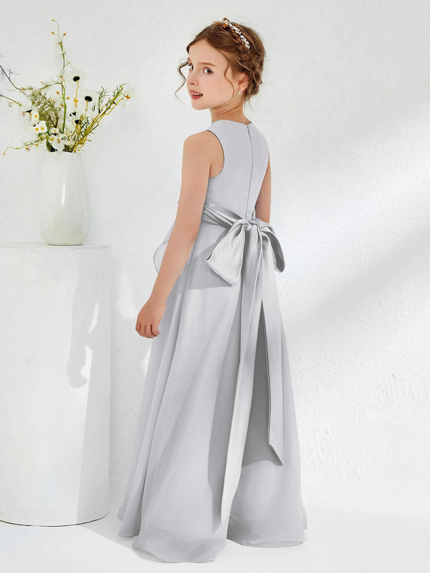 Bateau Neckline Ruffle Junior Bridesmaid Gowns Silver