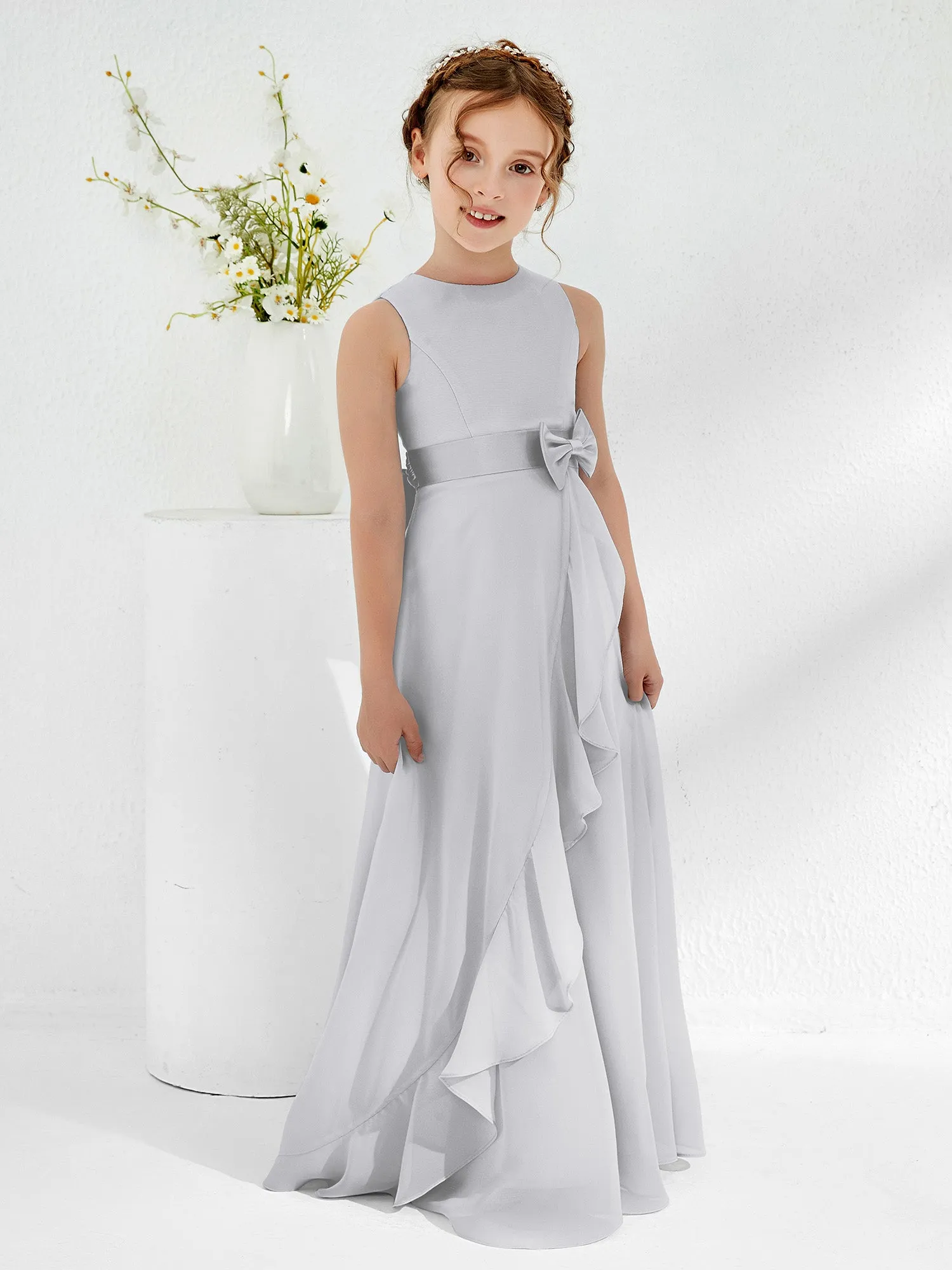 Bateau Neckline Ruffle Junior Bridesmaid Gowns Silver