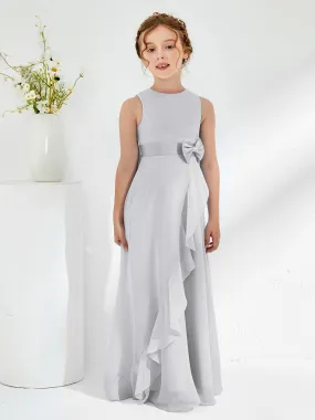 Bateau Neckline Ruffle Junior Bridesmaid Gowns Silver