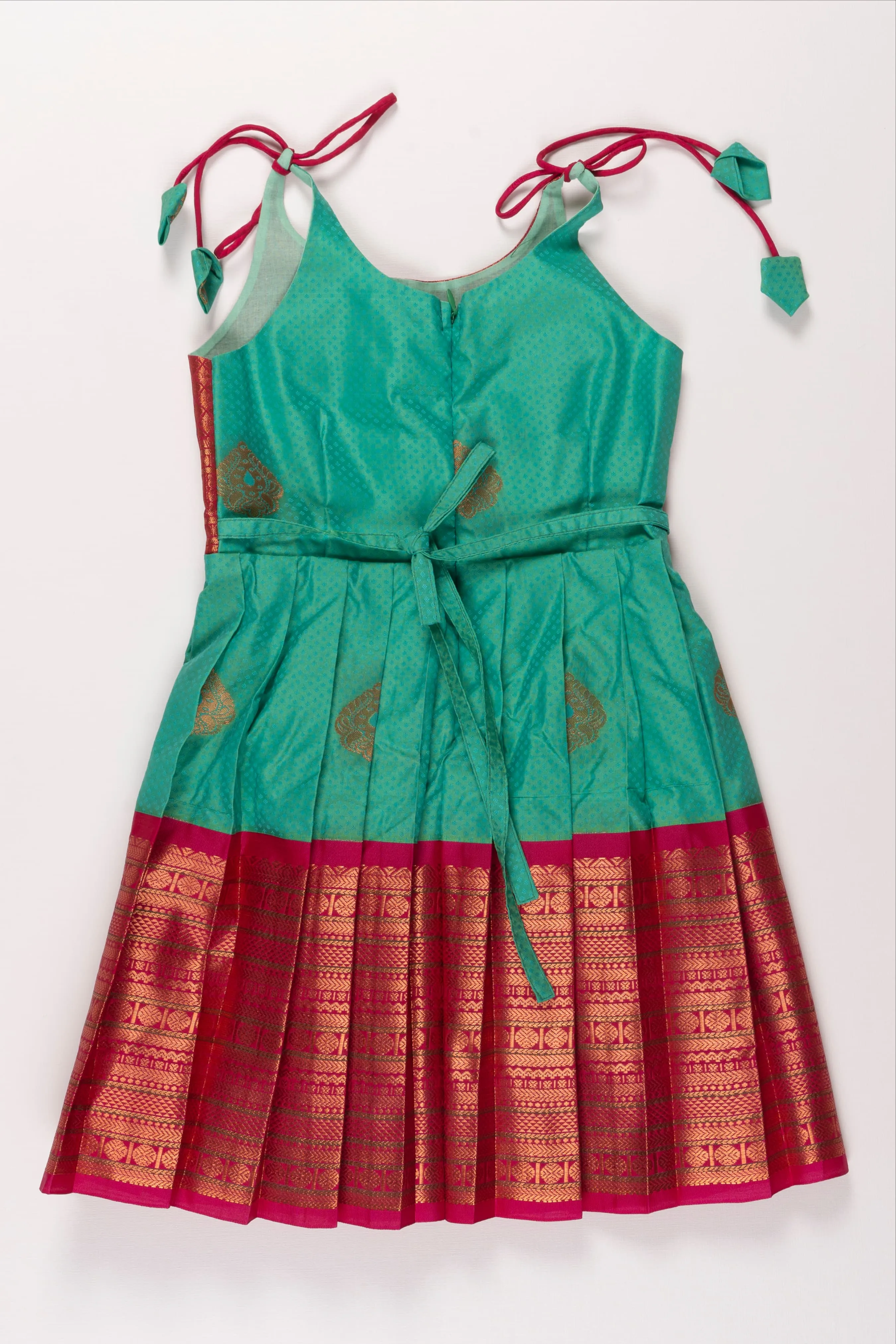 Beige and Green Silk Tie-up Frock for Girls