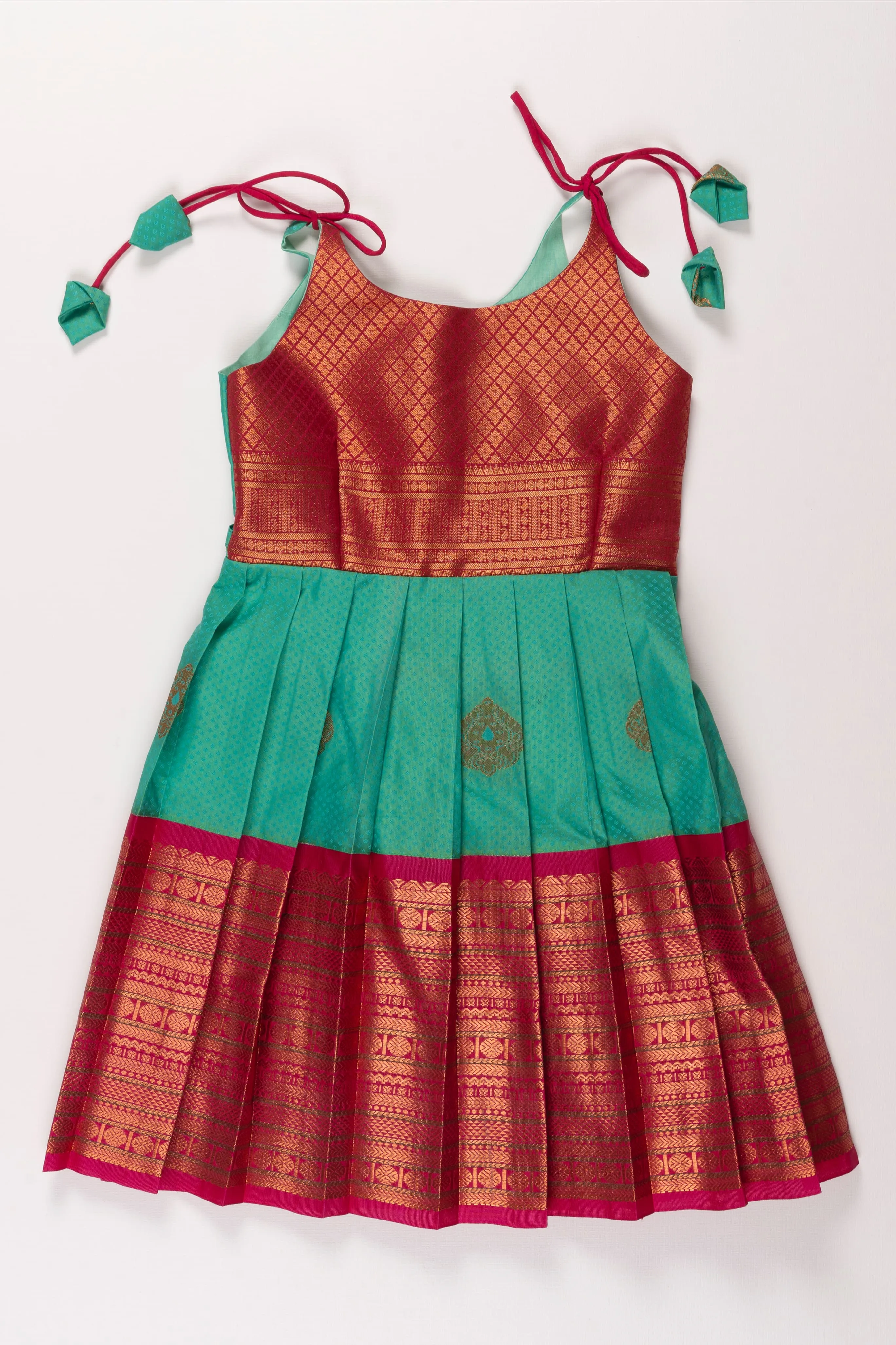 Beige and Green Silk Tie-up Frock for Girls