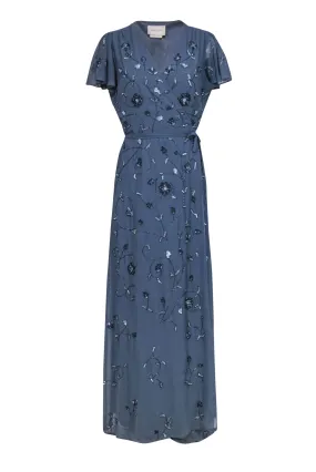 BHLDN by Anthropologie - Smokey Blue Floral Beaded & Sequin Gown Sz 16