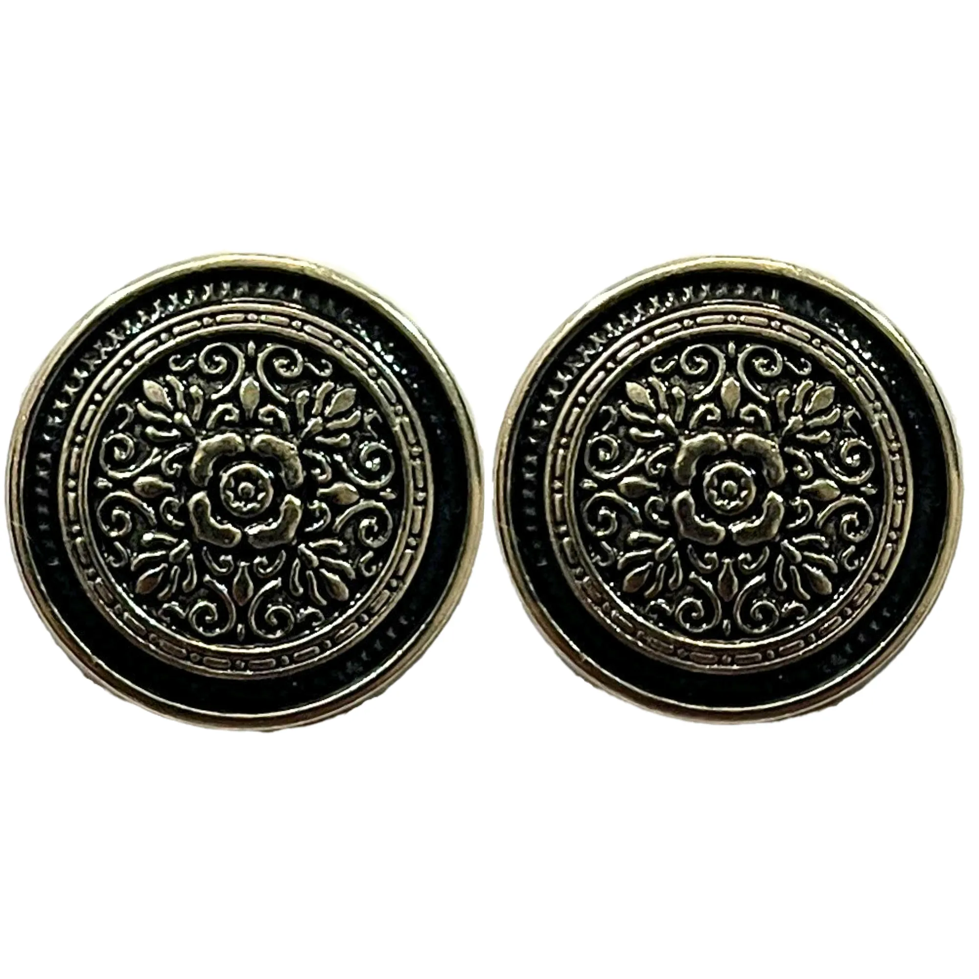 Black & Silver Eye Catchy Floral 1 Hole Round Metal Buttons