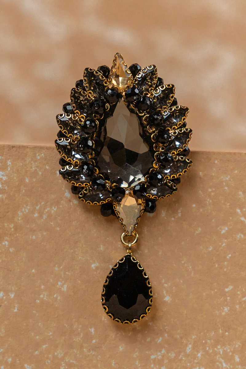 Black Crystal Brooch With Drop Detailing