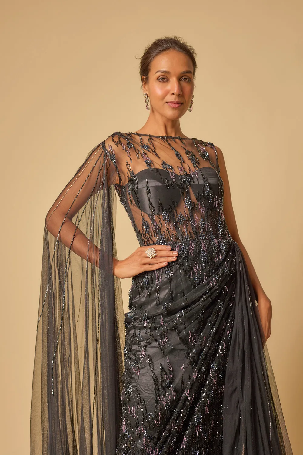 Black Embroidered Drape Gown