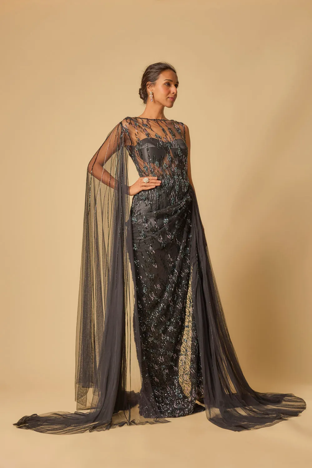 Black Embroidered Drape Gown