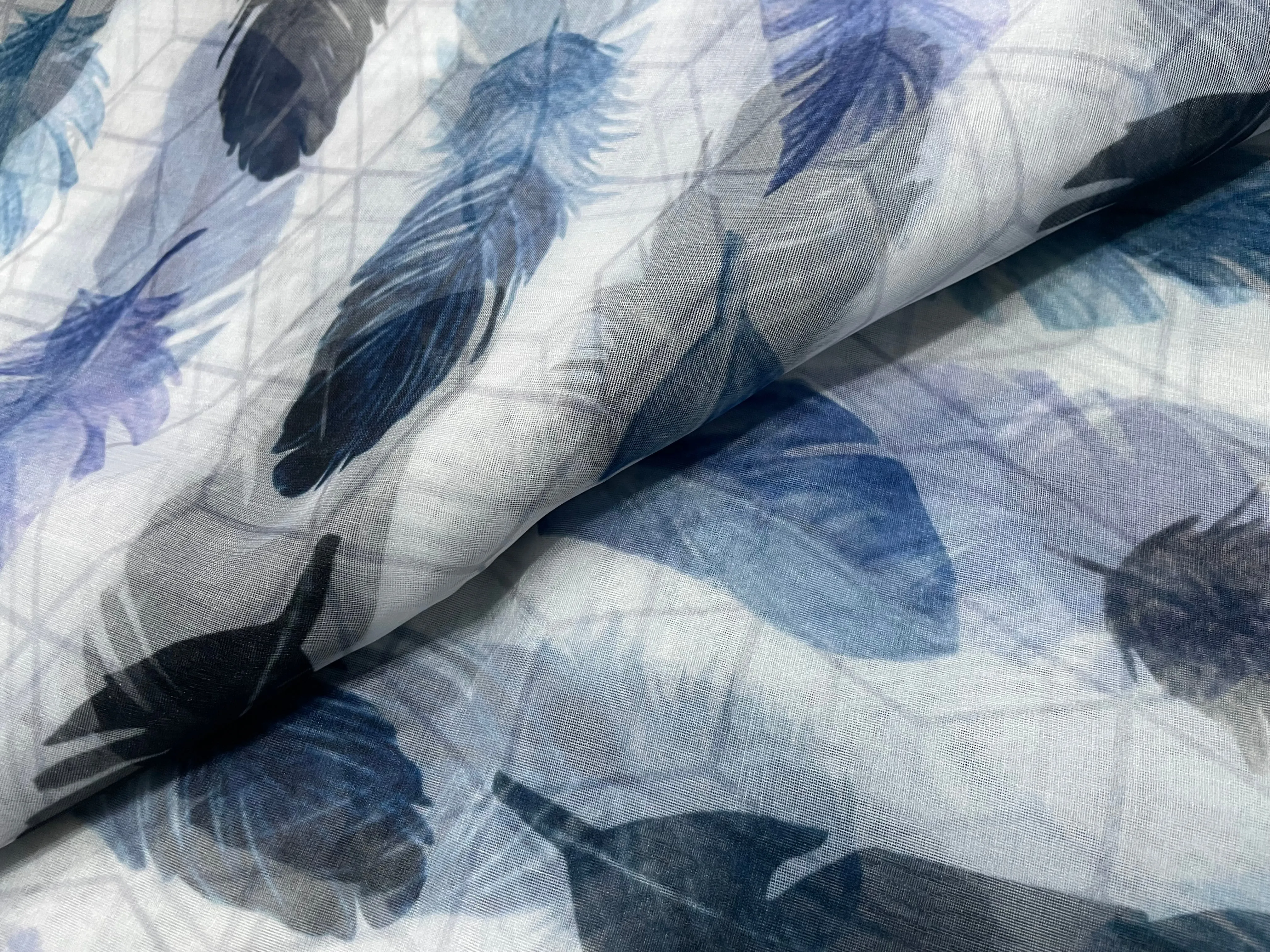 Blue & White Quirky Printed Organza Fabric