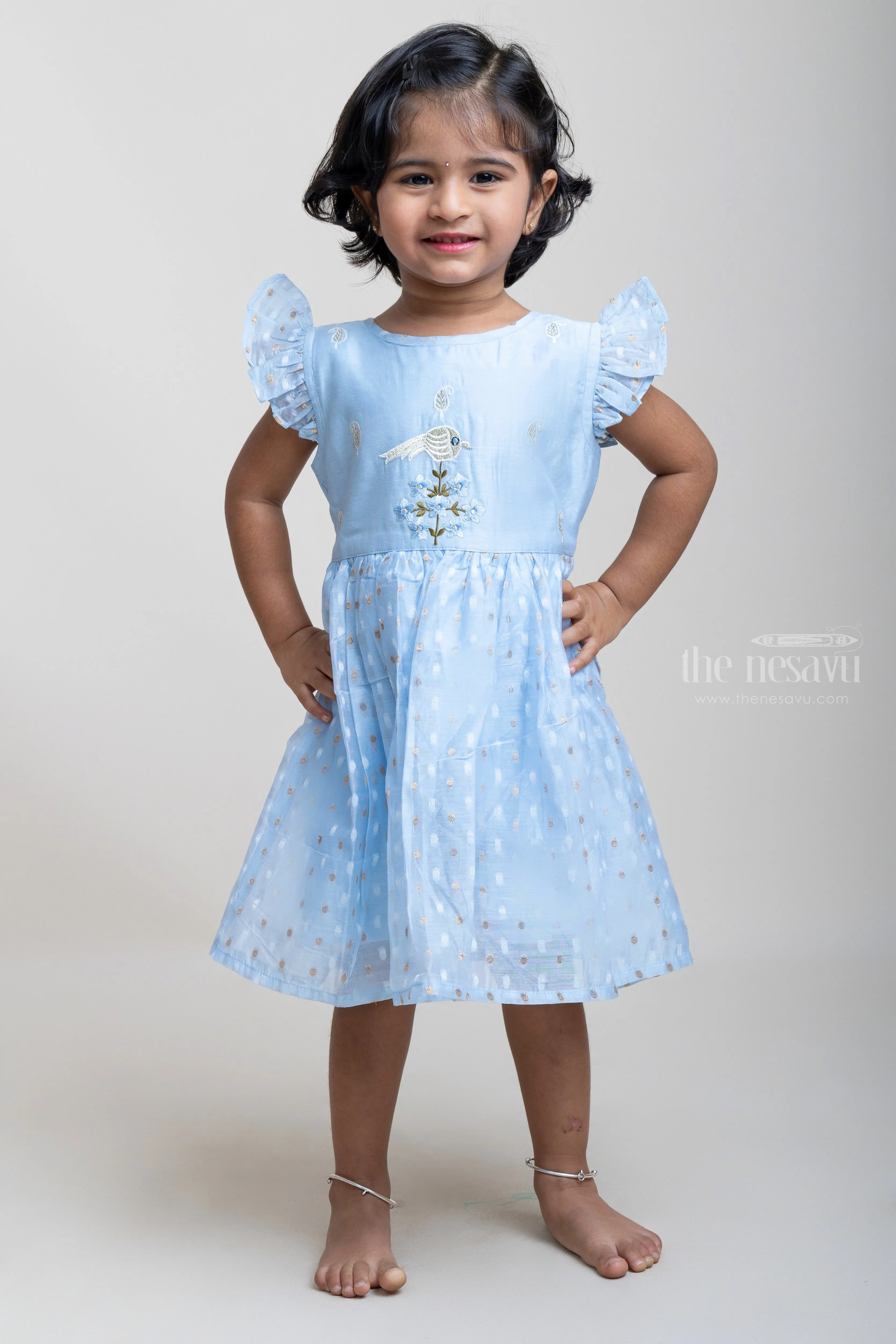 Blue Cotton Frock With Designer Thread Embroidery For Girls