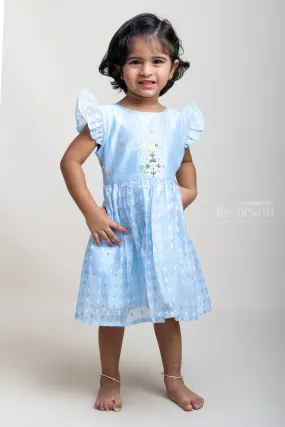 Blue Cotton Frock With Designer Thread Embroidery For Girls