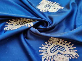 Blue Golden Floral Motif Embroidered Taffeta Silk Fabric