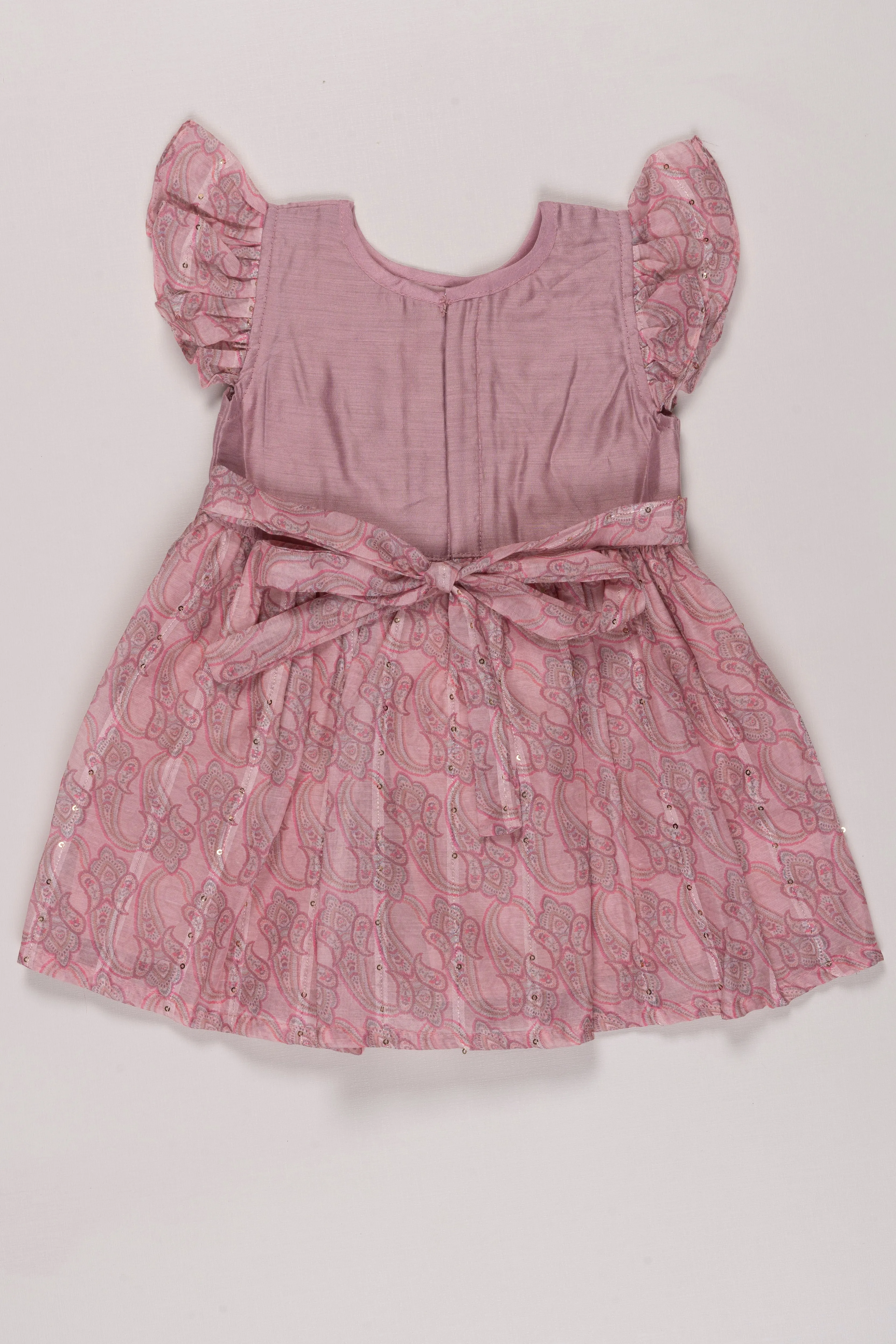 Blush Paisley Cotton Frock with Ruffle Sleeves for Girls