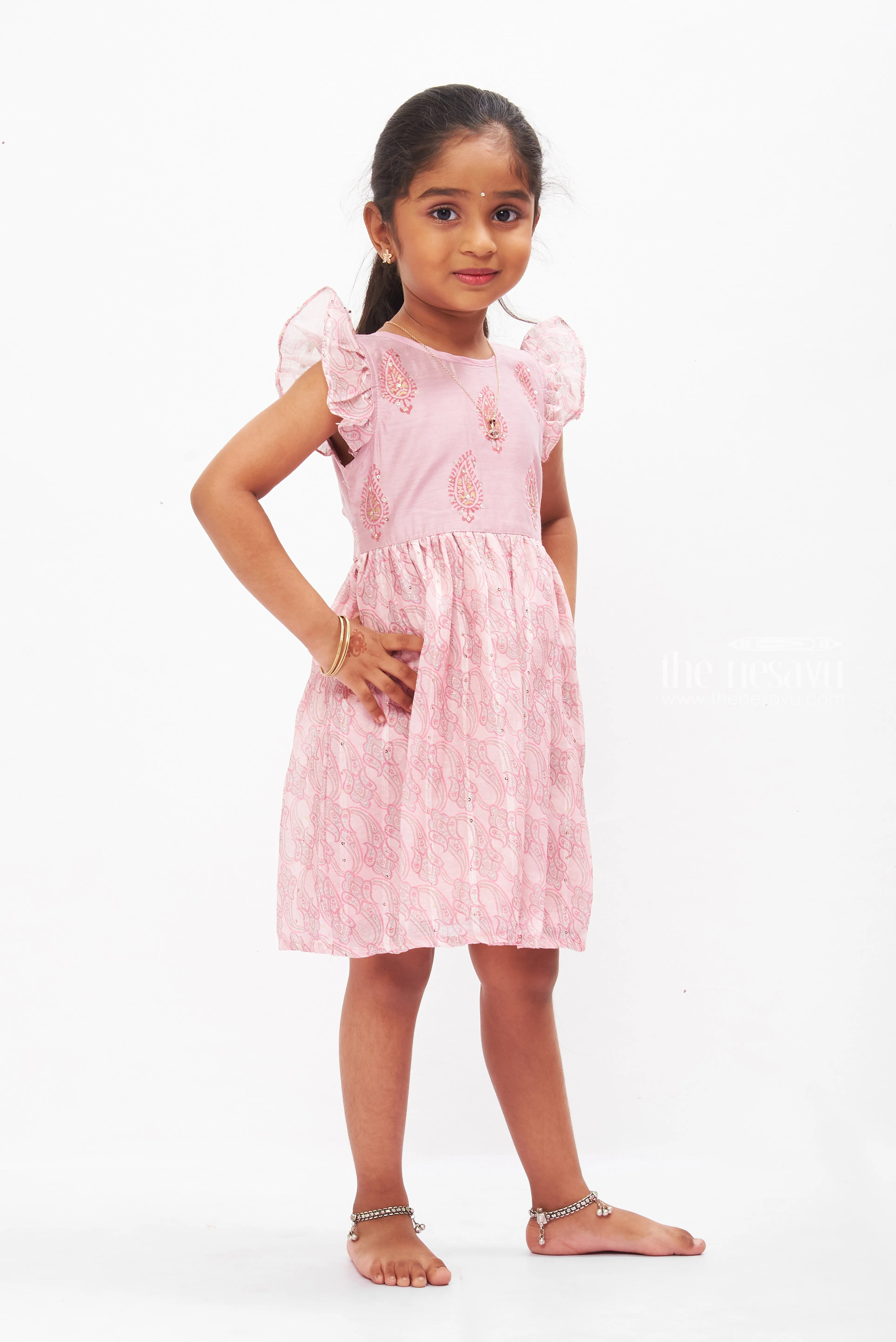 Blush Paisley Cotton Frock with Ruffle Sleeves for Girls